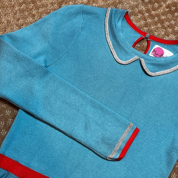Mini Boden Blue Metallic Holiday Sweater Dress Girls 9-10Y Modest Family Photos - Picture 5 of 9